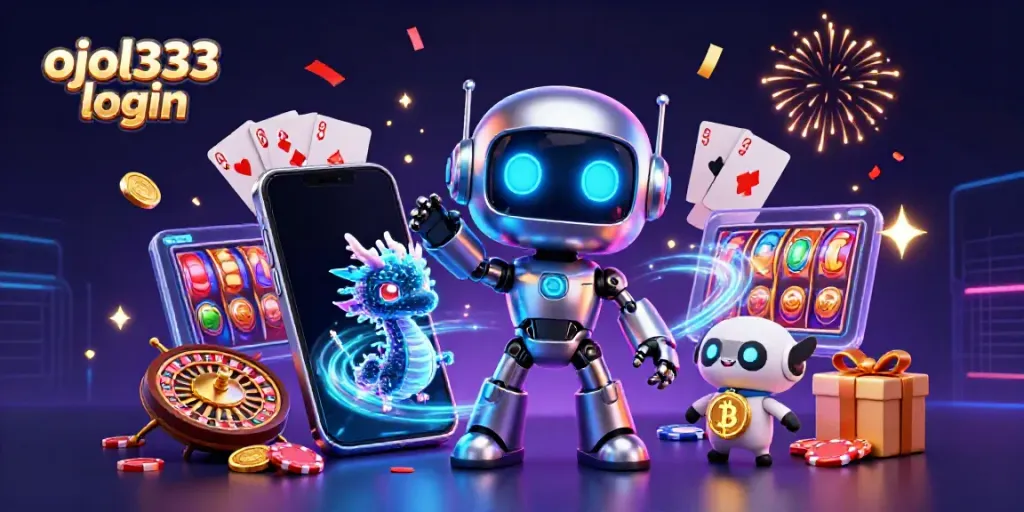 Experience ojol333 login with an interactive 3D casino scene featuring colorful slot games and vibrant characters.