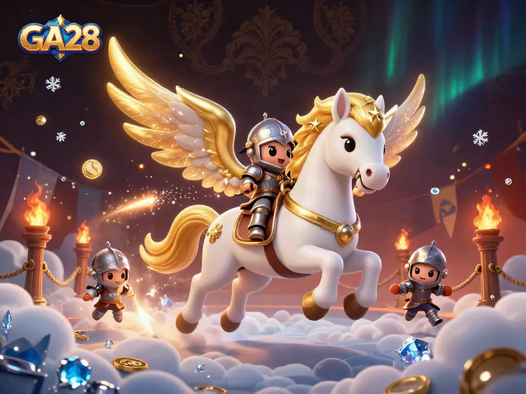 Experience thrilling action at GA28 with a celestial horse and armored knight in a dynamic gambling arena.