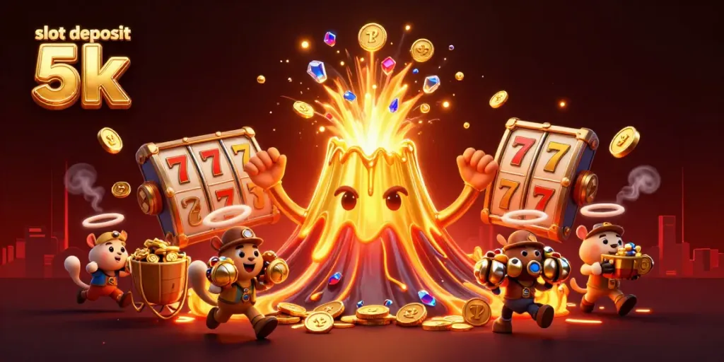 Experience excitement at slot deposit 5k with a lively volcano exploding treasure in this vibrant casino scene.