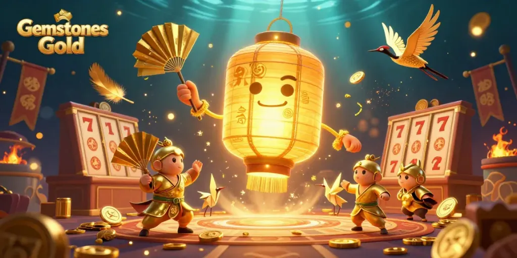 Spin for treasures with Gemstones Gold as a golden lantern spirit illuminates a vibrant casino.