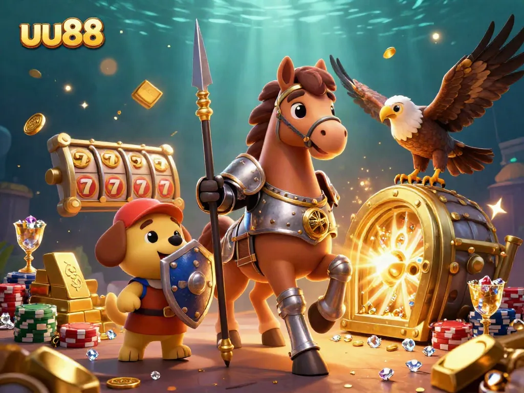 Engage with uu88 as 3D characters explore a dazzling casino treasure featuring slots, lights, and jewels.