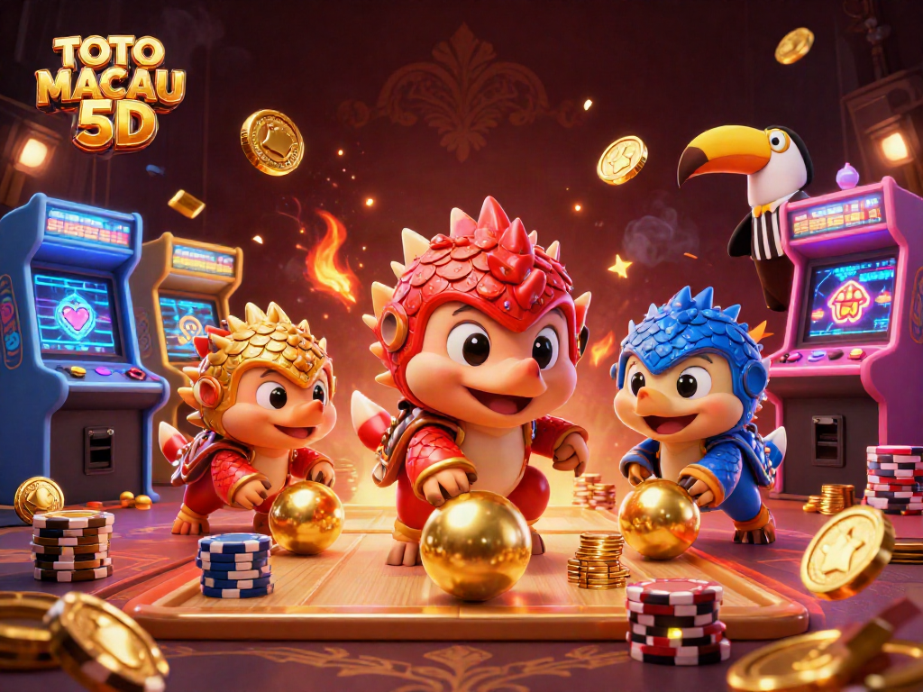Spin the TOTO MACAU 5D lottery balls while celebrating with colorful gaming elements and intense competition.