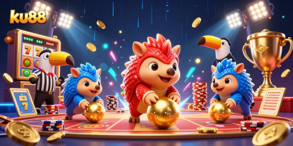 Engage with ku88's vibrant 3D gaming scene showcasing rival pangolins in a competitive casino environment.