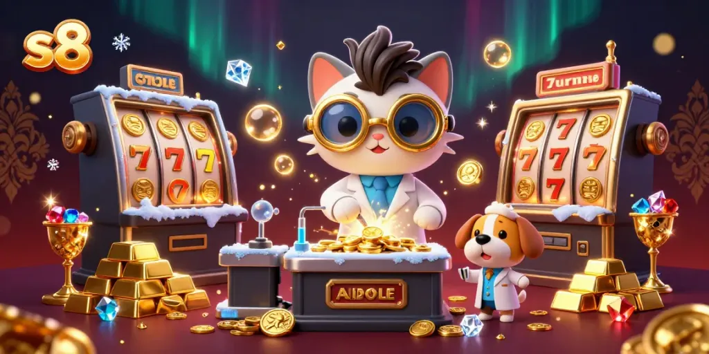 Watch the mad scientist cat and dog create winning slots in a vibrant casino lab setting, showcasing s8's excitement.