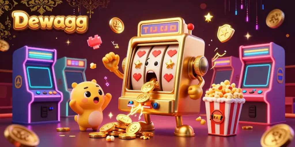 Dewagg showcases a golden slot machine celebrating a jackpot as coins spill out, highlighting the thrilling casino experience.