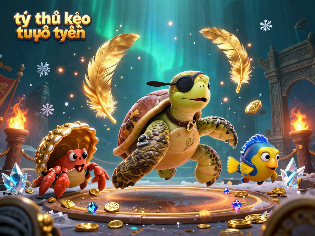 Engage with tỷ lệ kèo trực tuyến in this vibrant illustration featuring a pirate turtle and treasures of the sea.