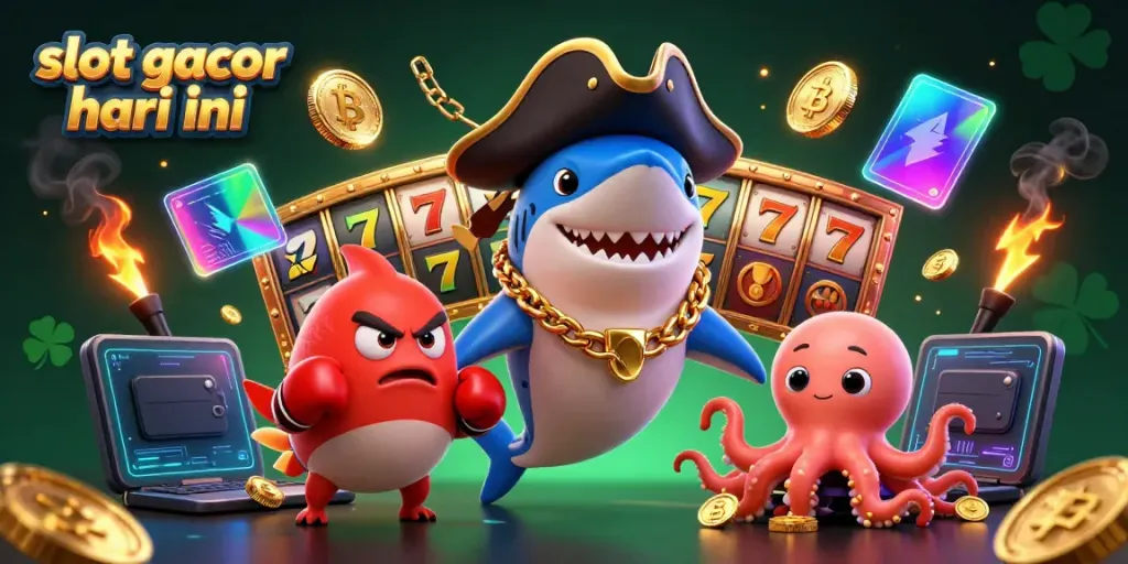 Engaging scene showcasing a cartoon pirate shark, an angry pufferfish, and an octopus with gold coins emphasizing slot gacor hari ini gaming.