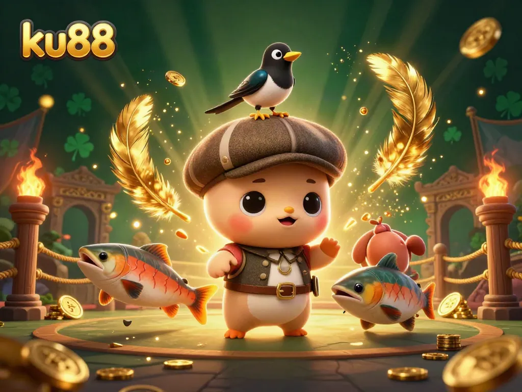 ku88 engages players with vibrant 3D illustration of slots, golden tokens, and magical characters.