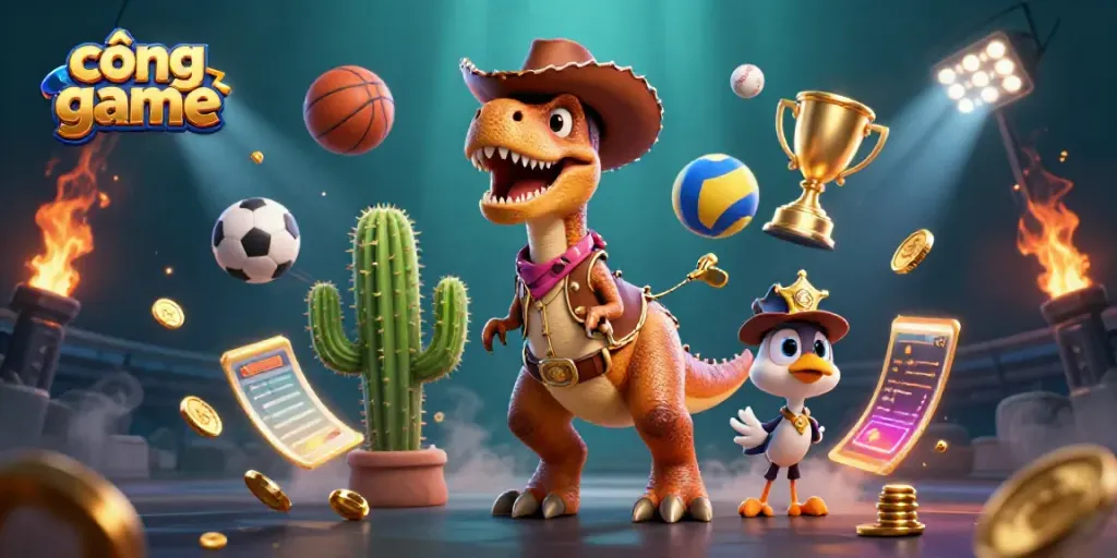 Experience thrilling action in the cổng game with a dynamic 3D illustration featuring a cowboy dinosaur and game elements.