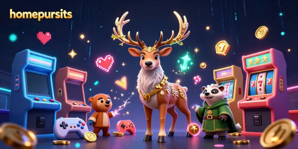 Gambaran konsep homepursuits yang menampilkan peri cahaya, stag druid bersama kasino bertema slot.