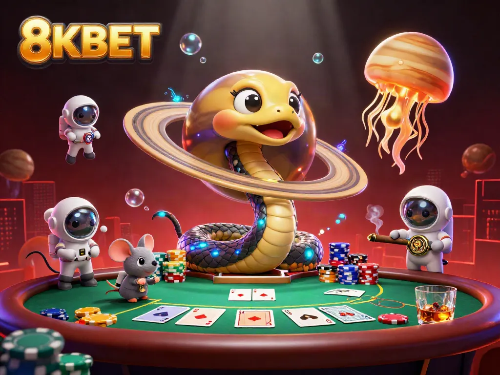 Bet on 8KBET with a cartoon Saturn snake and astronaut mice at a cosmic casino.