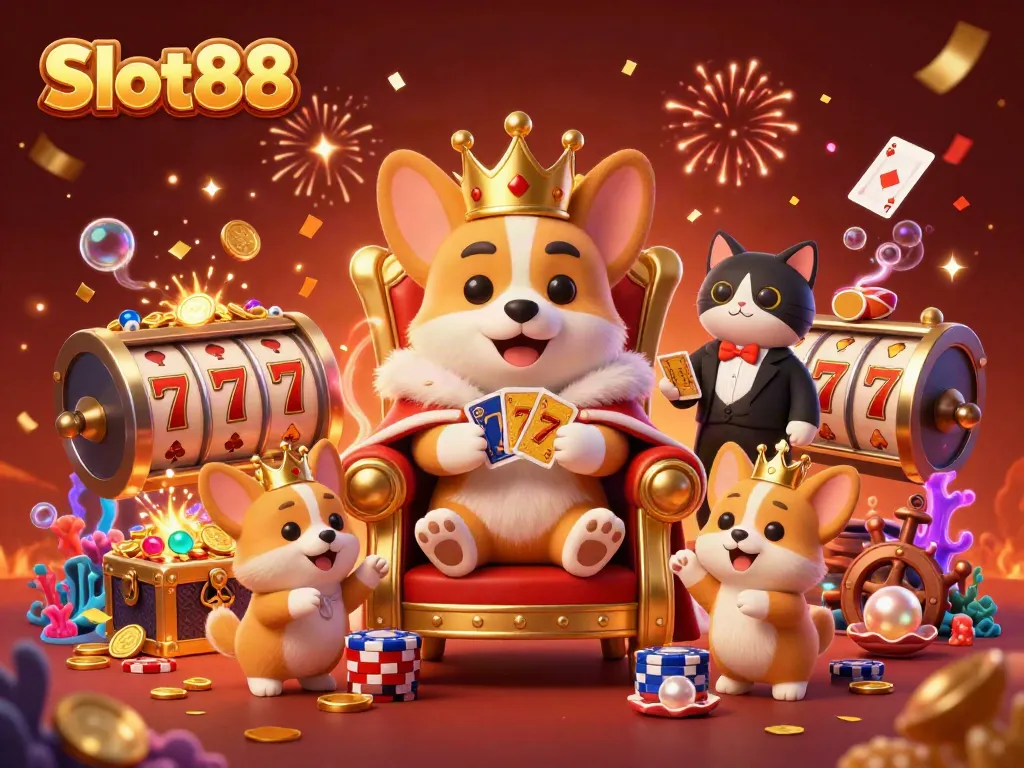 Engage with Slot88 as a royal corgi leads in a colorful casino scene with confetti and slot elements.